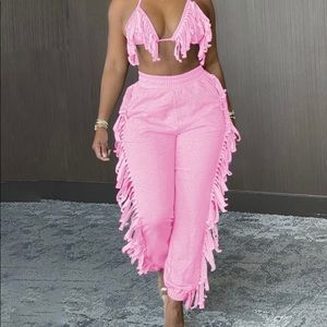 Fringe halter bra and pants set